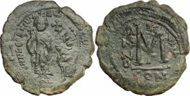 Heraclius (610-641). AE Follis, Constantinople mint. Countermarked. D/ dd NN hERACLIЧS ET hERA CONST PP A. Heraclius, on left, and Heraclius Constanti...
