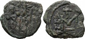 Heraclius (610-641). AE Follis, Ravenna mint. D/ Heraclius (in centre), Heraclius Constantine (on right) and Heraclonas (on left) all standing facing,...