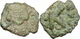 Constantine IV, Pogonatus (668-685). AE Half Follis, Ravenna mint. D/ Helmeted and cuirassed bust, three-quarter face to right, holding spear and shie...