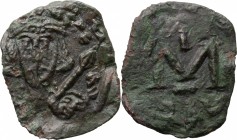Tiberius III, Apsimar (698-705). AE Follis, Ravenna mint. D/ Crowning and cuirassed bust facing, holding spear and shield. R/ Large M; above, cross; i...