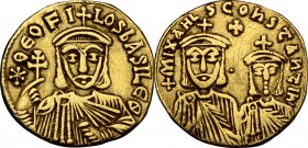 Theophilus, with Constantine and Michael III (829-842 AD). AV Solidus. Constantinople mint. Struck 831-842. D/ Star ΘEOFILOS bASILE Θ. Crowned facing ...