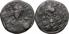 Constantine VII Porphyrogenitus, with Romanus I (913-959). AE Follis. Constantinople mint. Overstruck. D/ Bust of Constantine VII facing, holding glob...