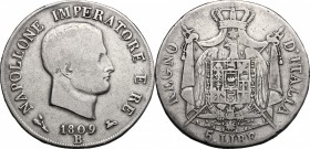 Bologna. Napoleone Bonaparte (1805-1814). 5 lire 1809. Pag. 48. Mont. 77. AG. g. 24.48 mm. 37.00 R. qBB.