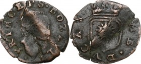 Bozzolo. Giulio Cesare Gonzaga (1593-1609). Quattrino. CNI 15/17. MIR 35. MI. g. 0.78 mm. 17.00 RR. Tondello ondulato. Piccola fessurazione. qBB.