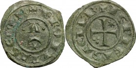 Brindisi. Federico II di Svevia (1197-1250). Mezzo denaro, 1242. MEC 14, p. 181. Sp. -. D'Andrea 158. MI. g. 0.49 mm. 15.50 RR. qSPL.