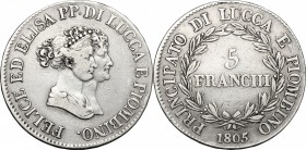 Lucca e Piombino. Elisa Bonaparte e Felice Baciocchi (1805-1814). 5 franchi 1805. CNI 1/4. MIR 244. AR. g. 24.69 mm. 37.00 R. BB.