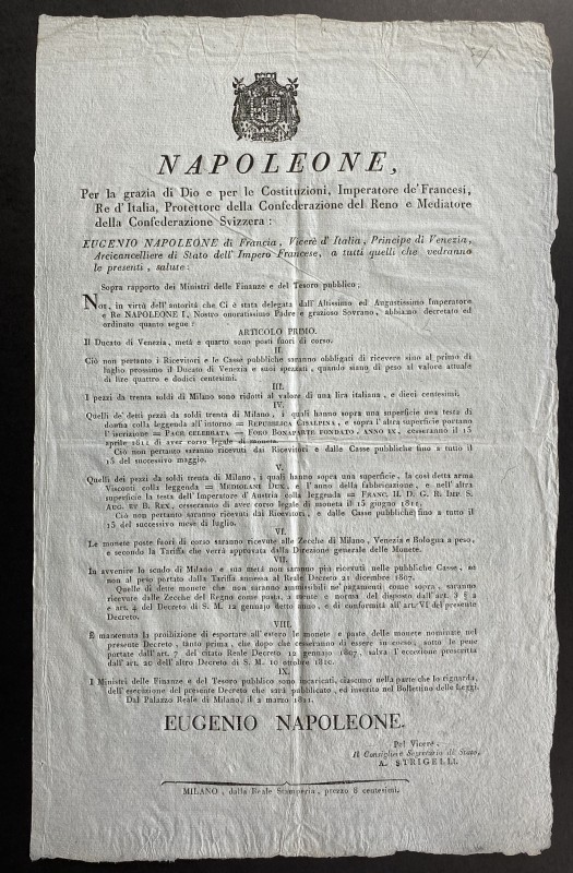 Milano. Eugenio Napoleone (Beauharnais) Vice Re d'Italia. Editto 2 marzo 1811 ri...