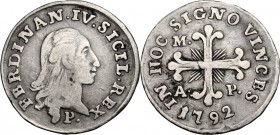 Napoli. Ferdinando IV di Borbone (1759-1816). 10 grana 1792. P/R 90. MIR 387/2. AG. g. 2.13 mm. 19.00 R. BB.