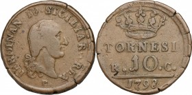 Napoli. Ferdinando IV di Borbone (1759-1816). 10 Tornesi 1798. P/R 95. MIR 389. AE. g. 27.54 mm. 36.00 BB.