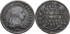 Napoli. Ferdinando IV di Borbone (1759-1816). 3 tornesi 1792. P/R 108. MIR 394/7. AE. g. 9.43 mm. 29.00 NC. Bel BB.