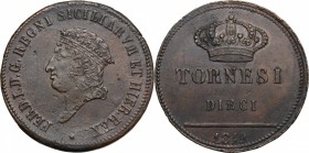 Napoli. Ferdinando I di Borbone (1816-1825). 10 tornesi 1819. P/R 13. MIR 466. AE. g. 27.93 mm. 38.50 qSPL.