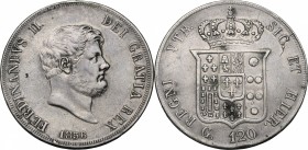 Napoli. Ferdinando II di Borbone (1830-1859). 120 grana 1856. P/R 85. MIR 503/5. AG. g. 27.39 mm. 37.00 Piacevole patina Bel BB.