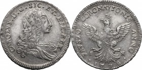 Palermo. Carlo di Borbone (1734-1759). 4 tarì 1735. Sp. 29 (caratteri grandi). MIR 556. AG. g. 9.09 mm. 31.00 R. Bella patina riposata. qSPL/SPL.