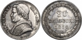 Roma. Pio IX (1846-1878), Giovanni Mastai Ferretti. 20 baiochhi 1850 A. IV. Pag. 405. Mont. 145. AG. g. 5.37 mm. 23.00 qFDC/FDC.