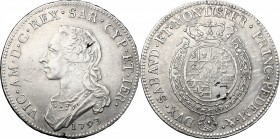 Vittorio Amedeo III (1773-1796). Mezzo Scudo 1793. MIR 988t. B. 849u. Mont. 353. AG. g. 17.39 mm. 37.50 RR. Difetto del metallo da conio. Bel BB/SPL.