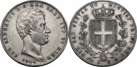 Carlo Alberto (1831-1849). 5 lire 1844 Genova. Pag.255. Mont.131. AG. mm. 37.00 BB.
