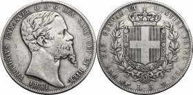 Vittorio Emanuele II (1849-1861). 5 lire 1851 Torino. Pag.373. Mont.42. AG. mm. 37.00 RR. BB.