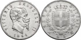 Vittorio Emanuele II (1861-1878). 5 lire 1864 Napoli. Pag. 485. Mont. 166. AG. mm. 37.00 R. qBB.