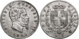 Vittorio Emanuele II (1861-1878). 5 lire 1865 Napoli. Pag. 486. Mont. 168. AG. mm. 37.00 R. qBB.