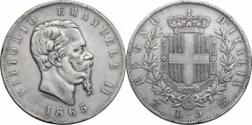 Vittorio Emanuele II (1861-1878). 5 lire 1865 Torino. Pag. 487. Mont. 167. AG. mm. 37.00 R. qBB.
