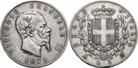 Vittorio Emanuele II (1861-1878). 5 lire 1871 Milano. Pag.492. Mont.175. AG. mm. 37.00 BB.