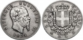 Vittorio Emanuele II (1861-1878). 5 lire 1874 Milano. Pag.498. Mont.182. AG. mm. 37.00 BB.