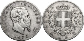 Vittorio Emanuele II (1861-1878). 5 lire 1875 Milano. Pag.499. Mont.184. AG. mm. 37.00 BB.