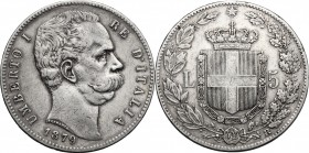 Umberto I (1878-1900). 5 lire 1879. Pag.590. Mont.33. AG. mm. 37.00 BB.