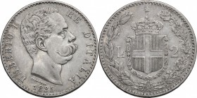 Umberto I (1878-1900). 2 lire 1885. Pag. 595. Mont. 40. AG. mm. 27.00 RR. BB/BB+.
