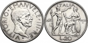 Vittorio Emanuele III (1900-1943). 20 lire 1928. Pag.673. Mont.67. AG. mm. 35.50 R. Minimi colpetti sul ciglio. BB+.