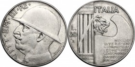 Vittorio Emanuele III (1900-1943). 20 lire 1928. Pag.680. Mont.76. AG. mm. 35.50 NC. Minimi colpetti sul ciglio. BB/BB+.