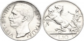 Vittorio Emanuele III (1900-1943). 10 lire 1927 due rosette. Pag. 692. Mont. 90. AG. mm. 27.00 R. Colpetti al ciglio BB.