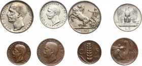Vittorio Emanuele III (1900-1943). Lotto di quattro (4) monete 1930: 10, 5 lire; 10, 5 centesimi. Pag.695. Mont.95. AG e AE. mm. 27.00