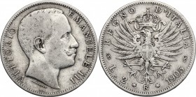 Vittorio Emanuele III (1900-1943). 2 lire 1905. Pag.729. Mont.144. AG. mm. 27.00 BB.