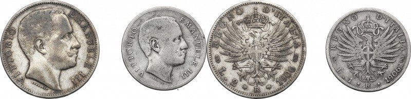 Vittorio Emanuele III (1900-1943). Lotto di due (2) monete: 2 e 1 lire 1906. Pag...