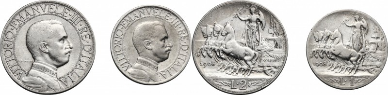 Vittorio Emanuele III (1900-1943). Lotto di due (2) monete 1908: 2 lire e 1 lira...