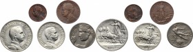 Vittorio Emanuele III (1900-1943). Serie 1910: 2, 1 lire, 20, 2, 1 centesimi. Pag.733, 770, 831, 933, 947. Mont.148, 196, 278, 406, 424. AG, NI e AE. ...