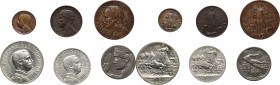 Vittorio Emanuele III (1900-1943). Serie 1912: 2, 1 lire, 20,5,2,1 centesimi (serie completa di 6 valori). Pag.735,771,833,894,935,949. Mont.150,197,2...