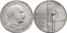 Vittorio Emanuele III (1900-1943). 2 lire 1927. Pag.745. Mont.165bis. NI. mm. 29.00 RRR. Asse spostato di 15 gradi. BB+.