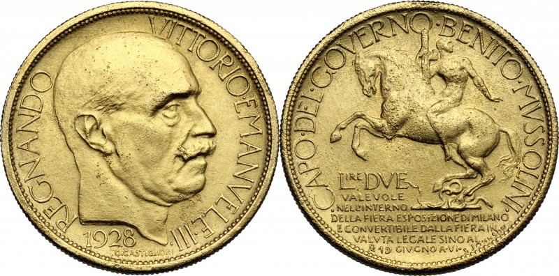 Vittorio Emanuele III (1900-1943). 2 lire 1928 Fiera di Milano. Mont.09. AE dora...