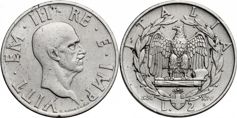 Vittorio Emanuele III (1900-1943). 2 lire 1936 A. XIV. Pag.754. Mont.175. NI. mm...