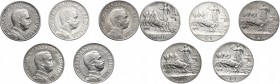 Vittorio Emanuele III (1900-1943). Lotto di cinque (5) monete da 1 lira: 1908, 1909, 1910, 1912, 1913. Pag. 768-772. Mont. 194-198. AG. BB-qFDC.