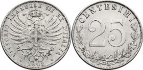 Vittorio Emanuele III (1900-1943). 25 centesimi 1902. Pag. 827. Mont. 273. NI. mm. 21.00 R. qSPL.