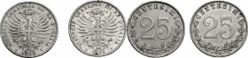 Vittorio Emanuele III (1900-1943). Lotto di due (2) monete da 25 centesimi: 1902 e 1903. Pag.828,829. Mont.273,274. NI. mm. 21.50 R. BB+.