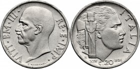 Vittorio Emanuele III (1900-1943). 20 centesimi 1936. Pag. 853. Mont. 305. NI. mm. 21.50 RR. qSPL.