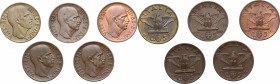 Vittorio Emanuele III (1900-1943). Lotto di cinque (5) monete da 5 centesimi 1936, 1937, 1943, 1938, 1939. AE. NC. SPL/SPL+.