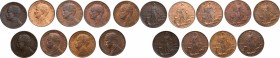Vittorio Emanuele III (1900-1943). Serie completa di nove (9) monete da due centesimi: 1908 - 1917. Pag. 931-939. Mont. 404-412. CU. mm. 20.00 Interes...