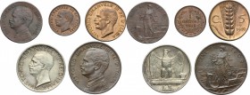 Vittorio Emanuele III (1900-1943). Lotto di cinque (5) monete: 5 lire 1927, 5 centesimi 1909 e 1919, 2 centesimi 1910 e centesimo 1905. AG e CU. Inter...