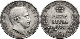 Somalia Italiana. Vittorio Emanuele III (1909-1925). Mezza rupia 1910. Pag. 996. Mont. 449. AG. mm. 24.00 R. BB+.