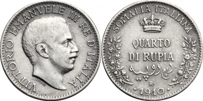 Somalia Italiana. Vittorio Emanuele III (1909-1925). Quarto di rupia 1910. Pag. ...